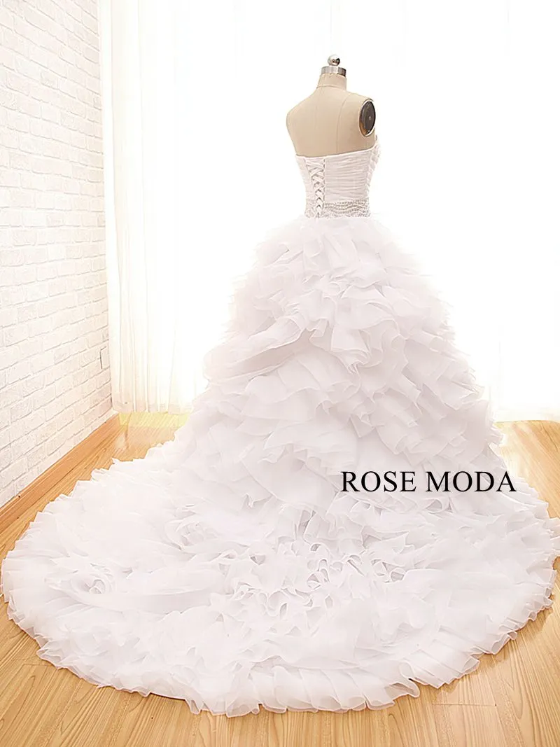 Rosemoda Ruched Organza Ball Gown Wedding Dress with Tiered Tufted Skirt and Delicate Beading Waist