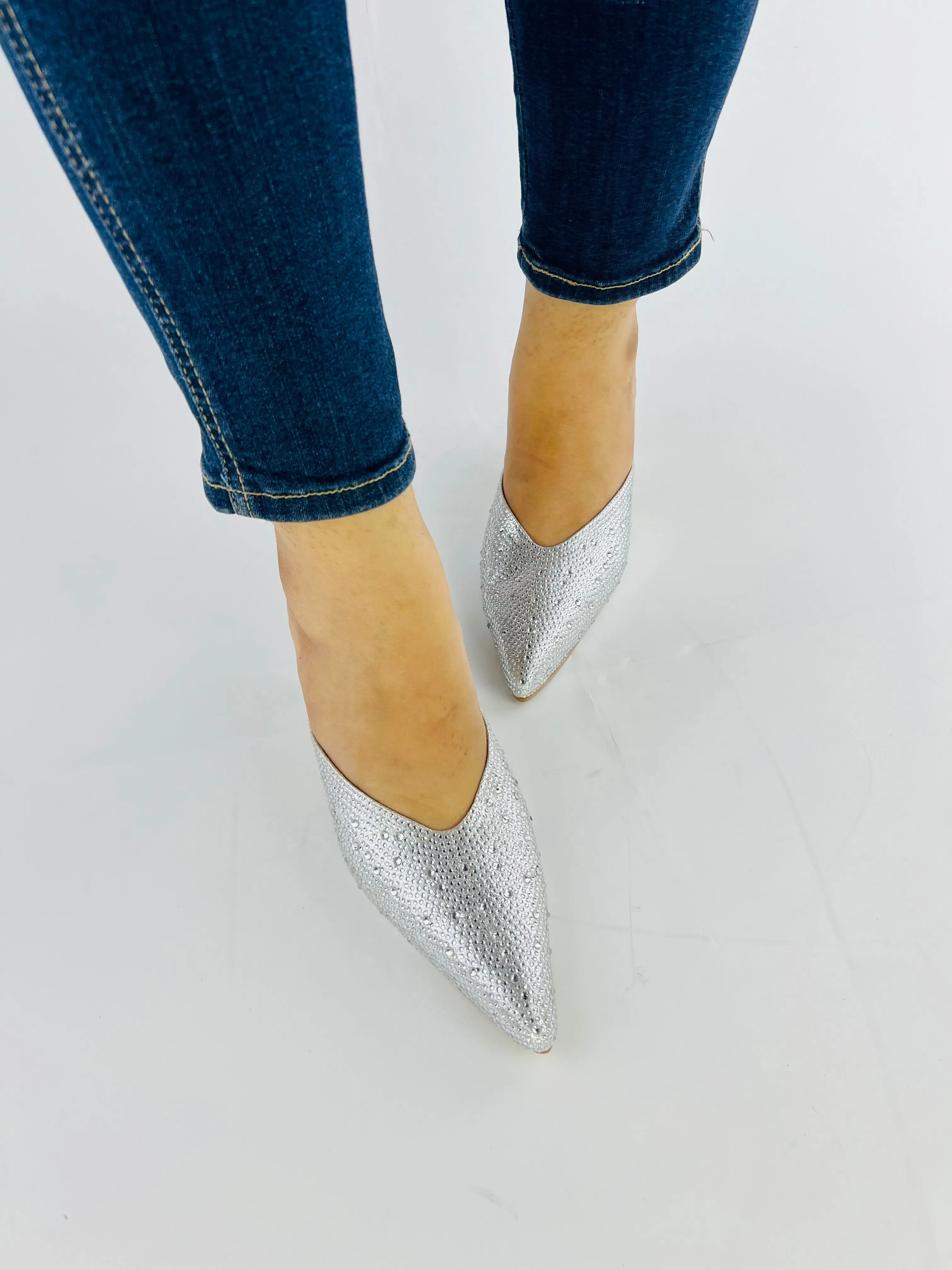 Spunkz Silver Shiny Crystal Stones Pointed Toe Mules