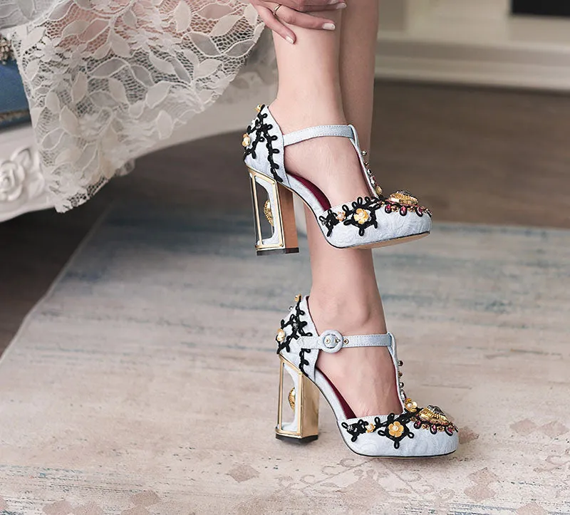 Vintage Heart Crystal T-Strap Heels