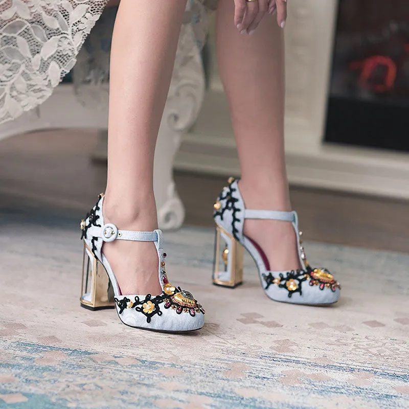 Vintage Heart Crystal T-Strap Heels