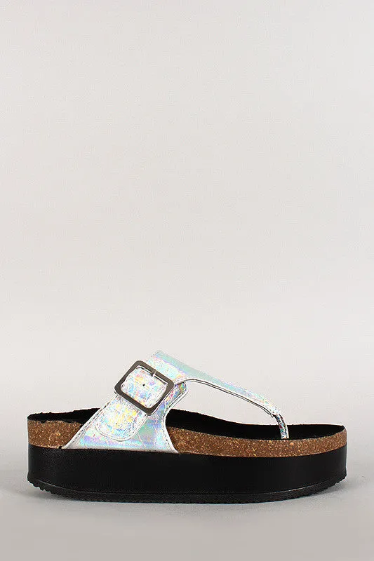 Wild Diva Lounge Iridescent Thong Open Toe Footbed Platform Flat Sandal