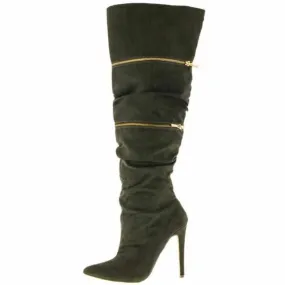 Women's Zaria Olive Green Faux Fur Platform Knee High Boots